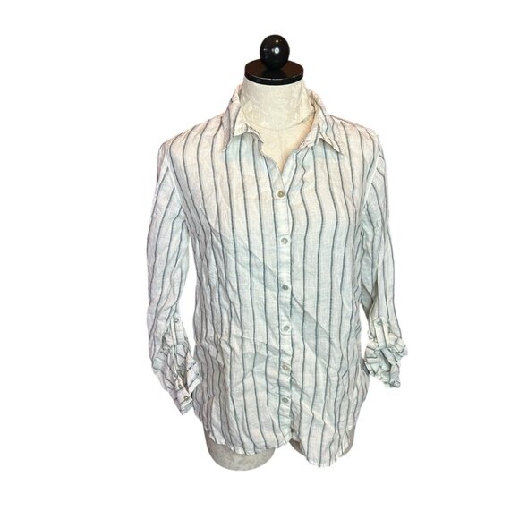 Sigrid Olsen LINEN Button Down Blouse Collared Blue & White Striped Sz L - Picture 1 of 9